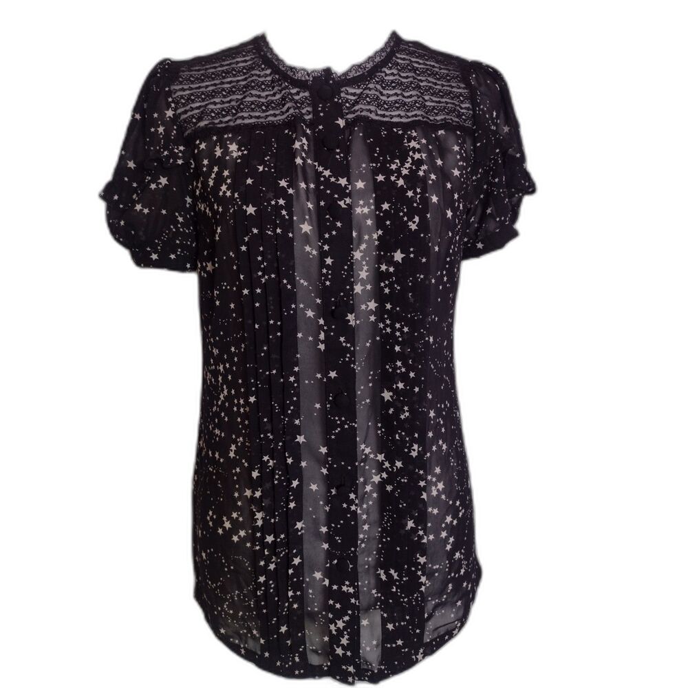 Sheer Black Star Print Ruffle Blouse Sz S Witchy Whimsigoth Celestial